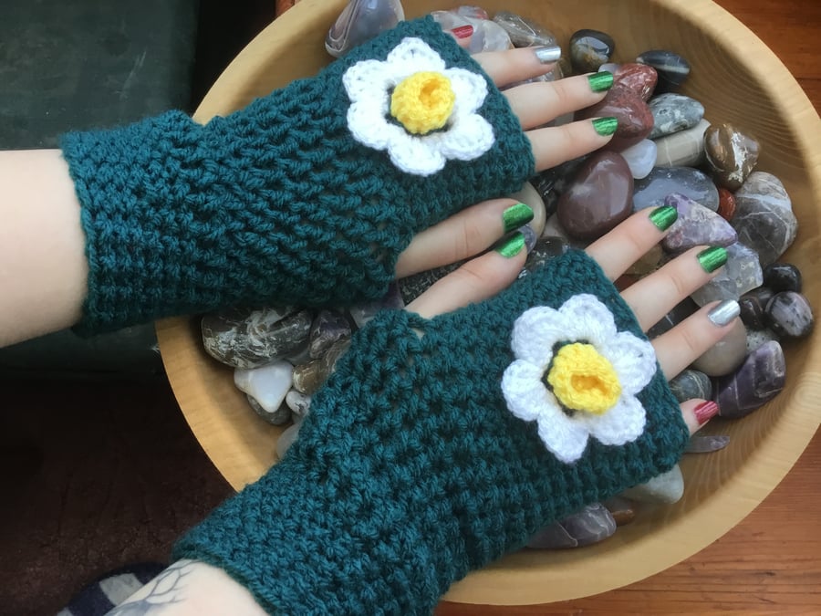 Deep Green and Daffodil. Crocheted Fingerless Mittens with Floral Accents.