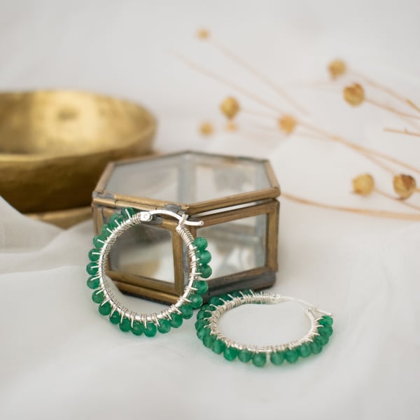 Green Gemstone Hoop Earrings - Beaded Silver Hoops - Wire Wrapped Jewellery