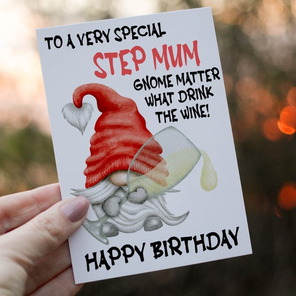 Special Step Mum Drink The Wine Gnome Birthday Card, Gonk Birthday Card
