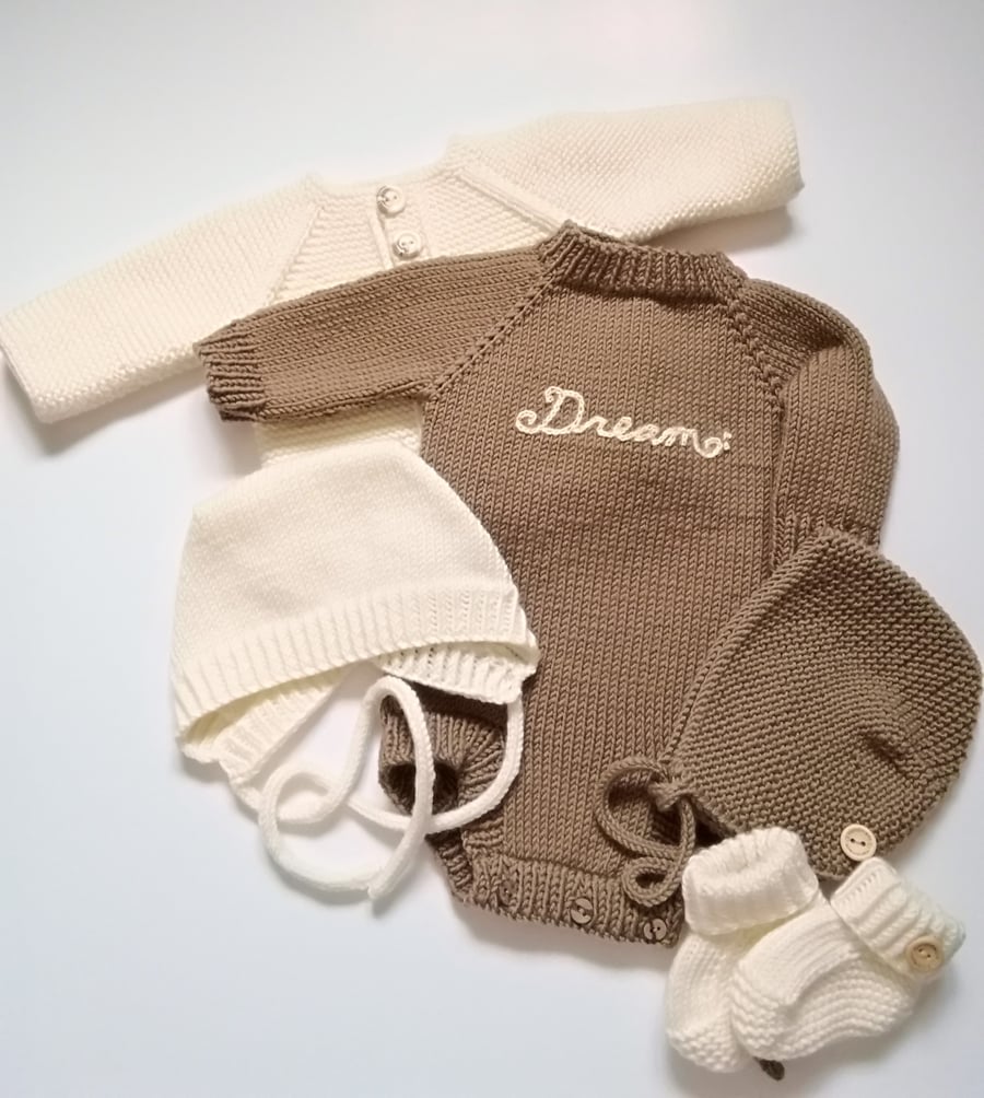 Hand knitted  3 piece set, baby romper, coverall, sleepsuit, bonnet and booties 