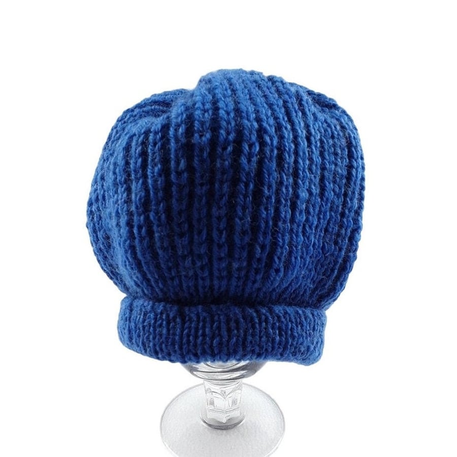 Hand knitted baby ribbed hat in blue 17 inch head 6 - 12 months 