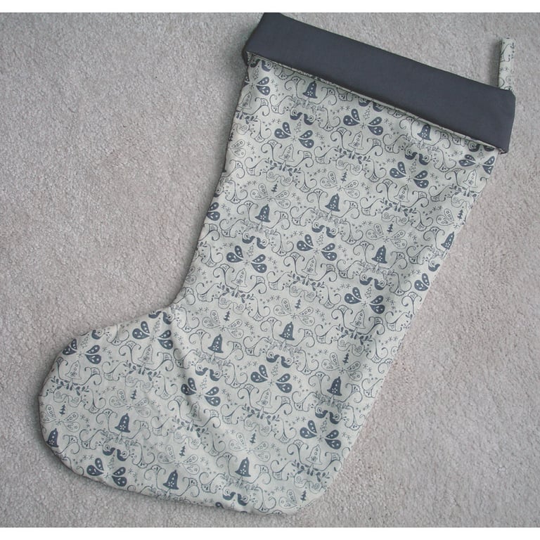 Christmas Bells Silver Grey Scandi Birds Xmas Stockings 18"