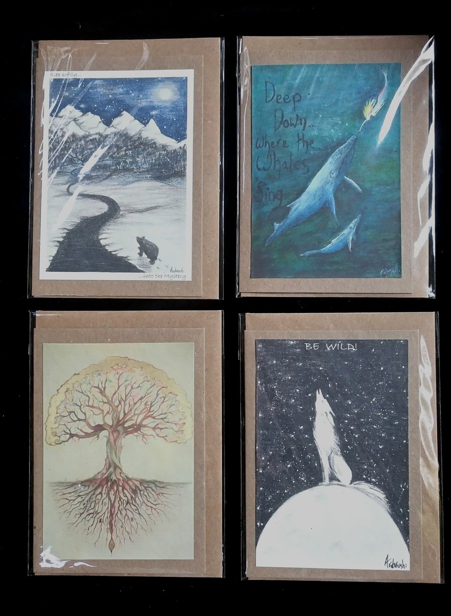 ANY 4 GREETING CARDS  - FREE UK DELIVERY, NEW AGE, ANIMALS, SPIRITUAL, MAGICA