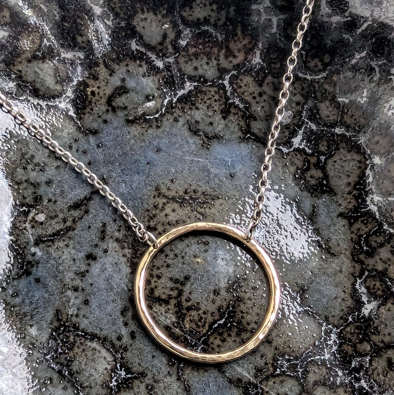 SOLID GOLD HOOP Handmade Recycled sterling silver chain & Gold Hoop pendant