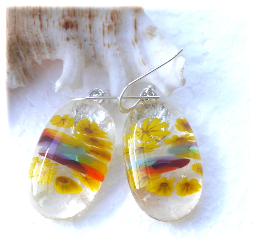 Earrings Fused Glass Millefioiri Handmade M011 Yellow Rainbow Flowers
