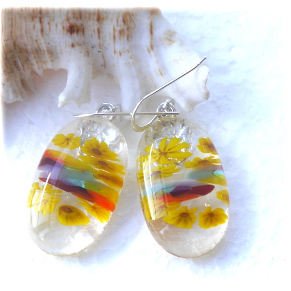 Earrings Fused Glass Millefioiri Handmade M011 Yellow Rainbow Flowers