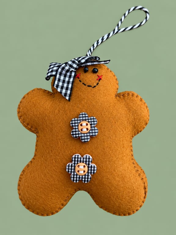Handmade Felt Gingerbread Girl Christmas Decoration – Black & White Gingham Bow