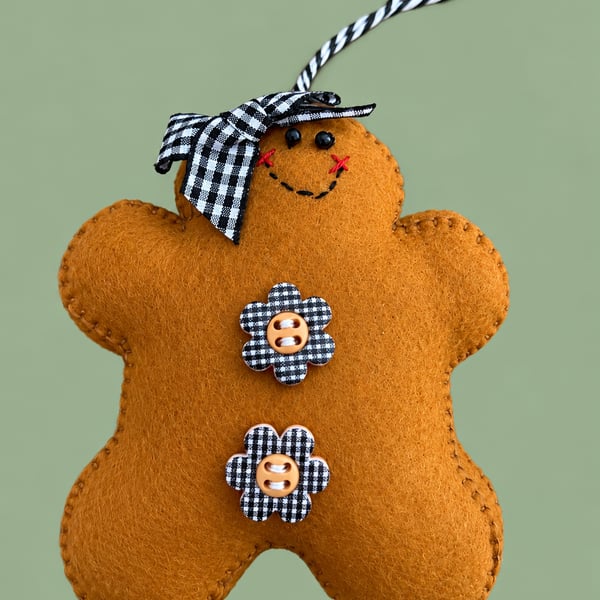 Handmade Felt Gingerbread Girl Christmas Decoration – Black & White Gingham Bow
