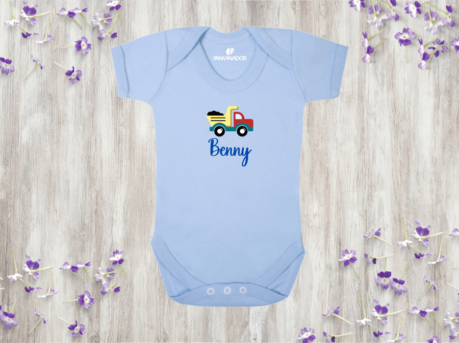 Personalised Dumper Truck Baby Bodysuit – Vehicle Baby Grow With Name