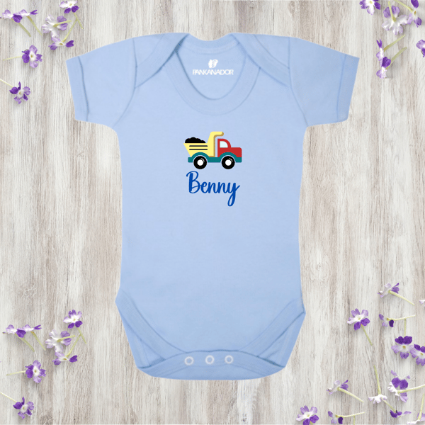 Personalised Dumper Truck Baby Bodysuit – Vehicle Baby Grow With Name