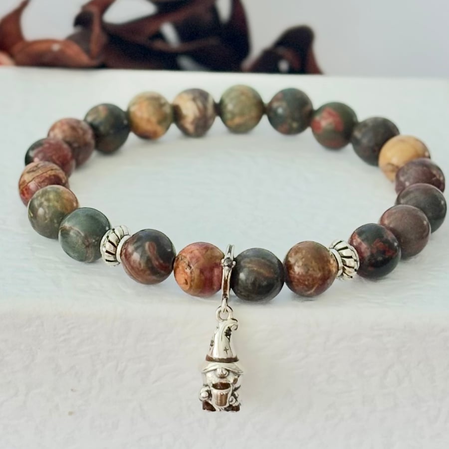 Picasso Jasper Gemstone Bracelet with Sterling Silver Gnome Charm