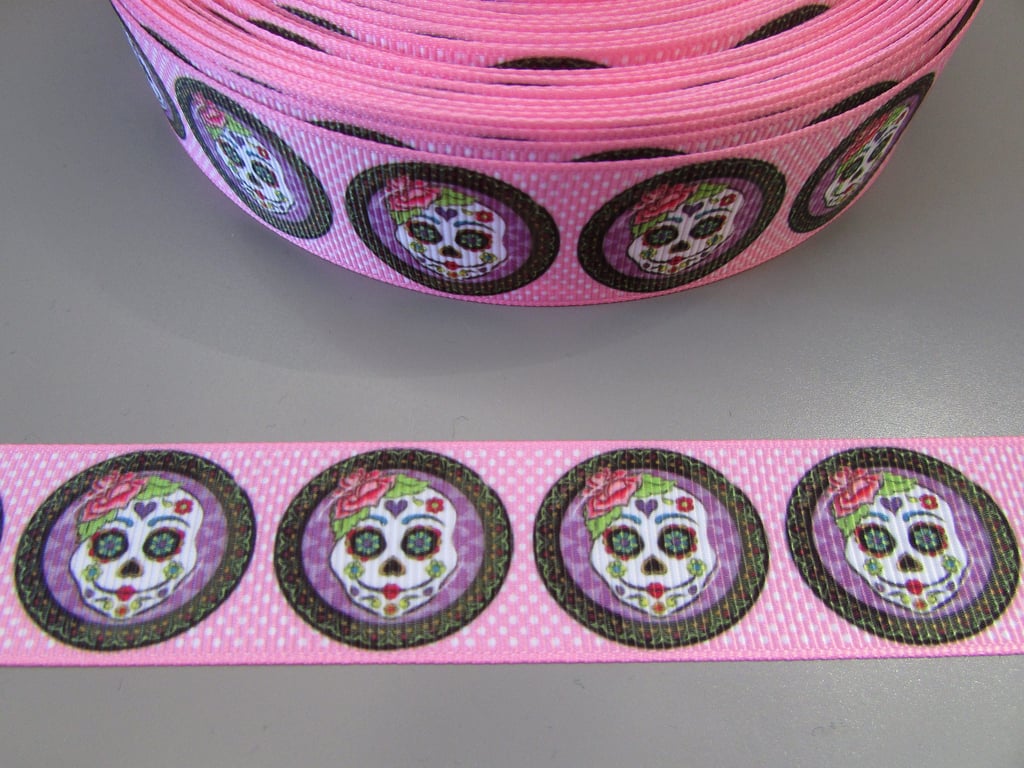 Pink Sugar Skull Day of the Dead calaveras 2.5cm Grosgrain Ribbon x 1 metre