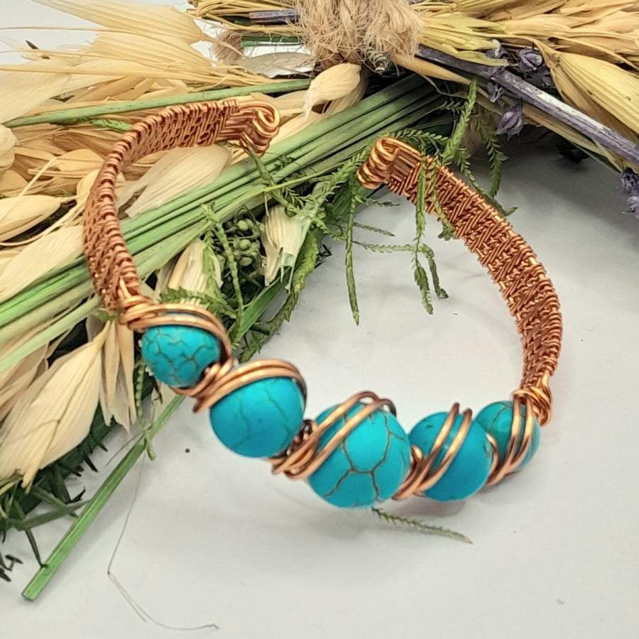 Small Synthetic Turquoise And Copper Wire Beaded Cuff Bracelet
