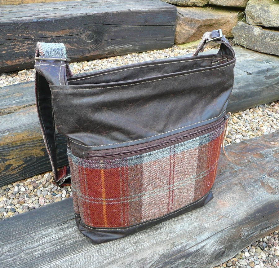Crossbody bag brown wax canvas and wool tweed shoulder bag