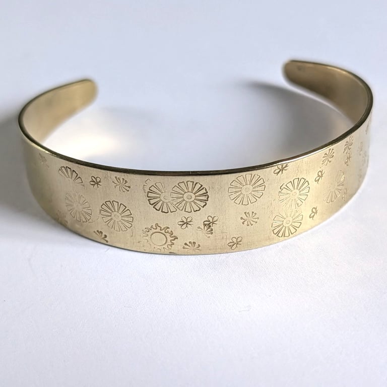 Brass Hand Stamped Flower Cuff