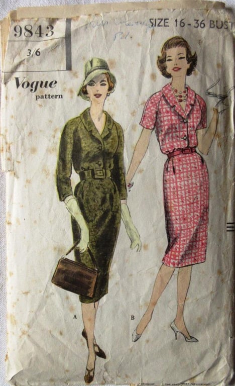 A vintage sewing pattern for a woman's dress in size 16 (Vogue 9843)