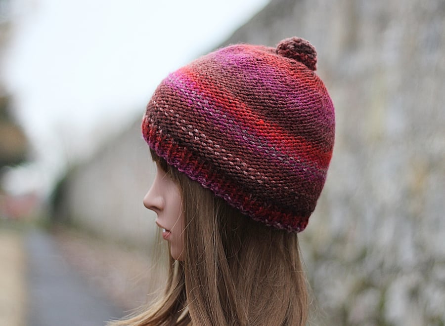 Knitted beanie hat multicolour terra mix with pom pom, womens gift, UK 