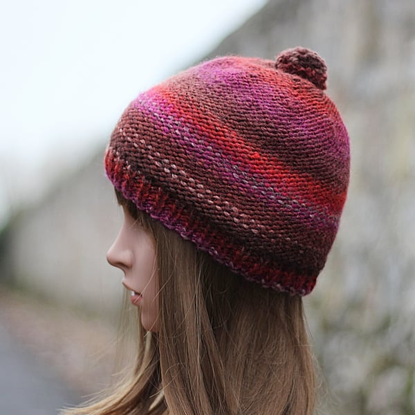 Knitted beanie hat multicolour terra mix with pom pom, womens gift, UK 
