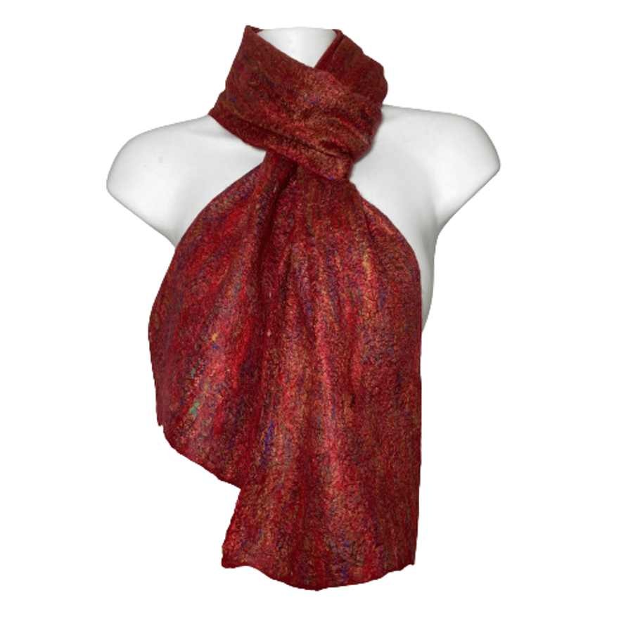 Red merino wool and silk felted scarf