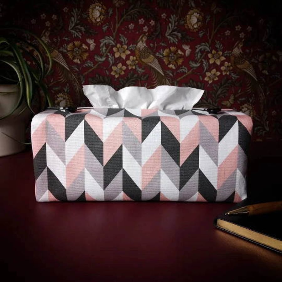 Rectangle Tissue Box Cover - Pink Herringbone