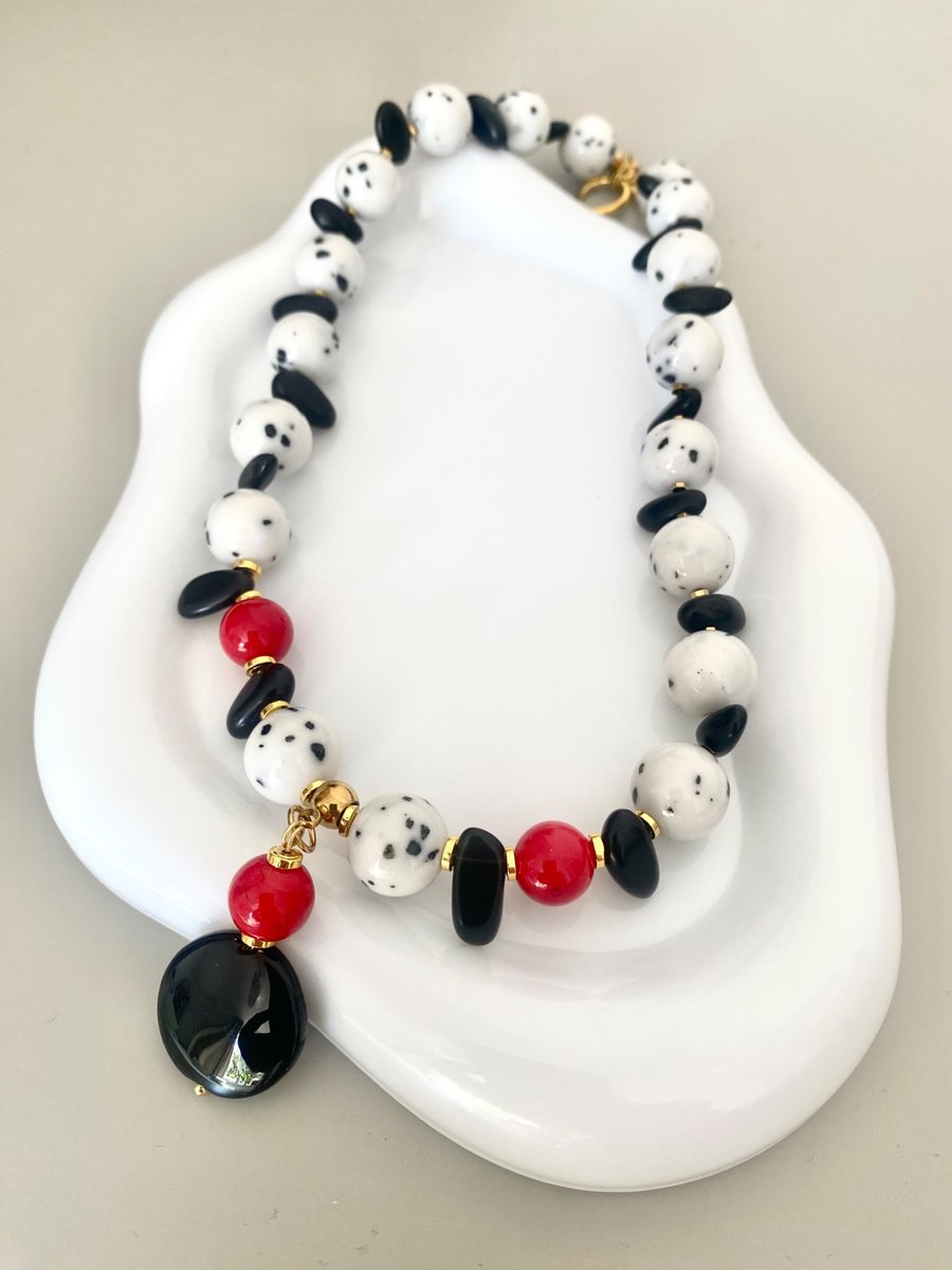 Handmade Natural Stone Black White & Red Statement Necklace