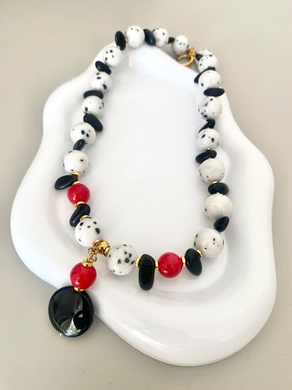 Handmade Natural Stone Black White & Red Statement Necklace