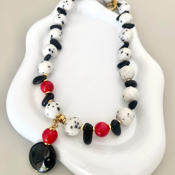 Handmade Natural Stone Black White & Red Statement Necklace