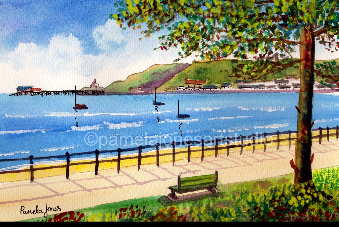 Bench, Mumbles, Swansea Bay, Wales, Original watercolour, in 14 x 11 '' Mount 