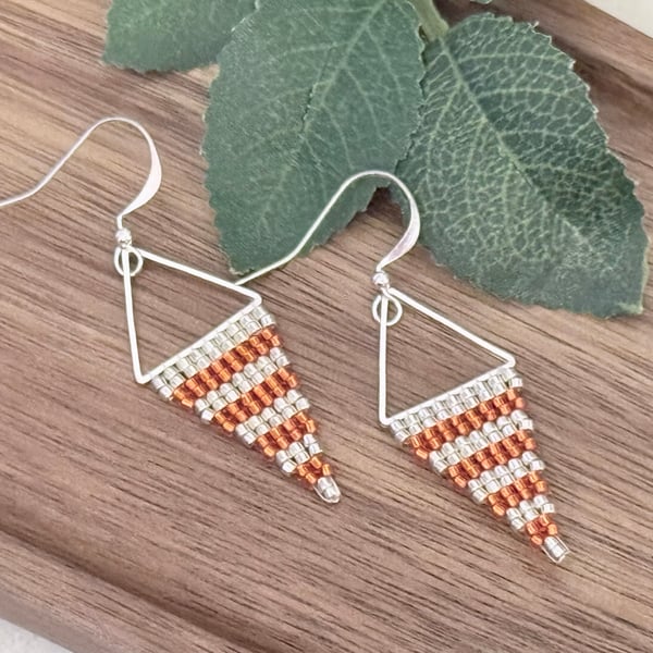Vivid orange and silver beadwork triangle earrings