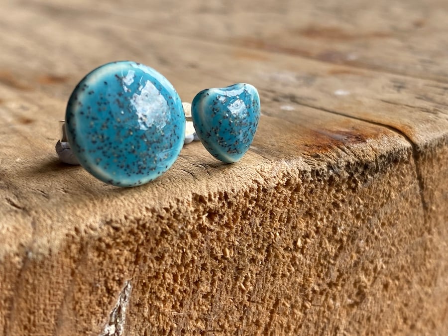 Handmade Ceramic Mismatched Heart and Round Sterling Silver Stud Earrings
