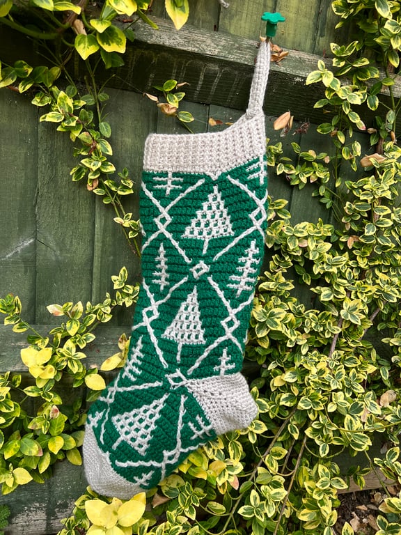 Handmade Green Tree Crochet Christmas Stocking