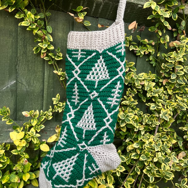 Handmade Green Tree Crochet Christmas Stocking