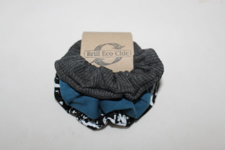 Hair scrunchie set, handmade hand print black & white,teal,grey x3 ,ECO gift set