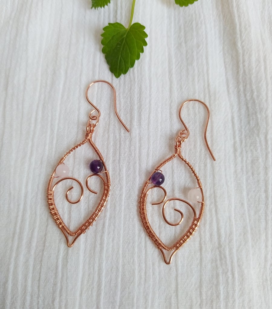 Leaf Shaped Wire Wrapped Copper Drop Earrings with Rosequartz and Amethyst