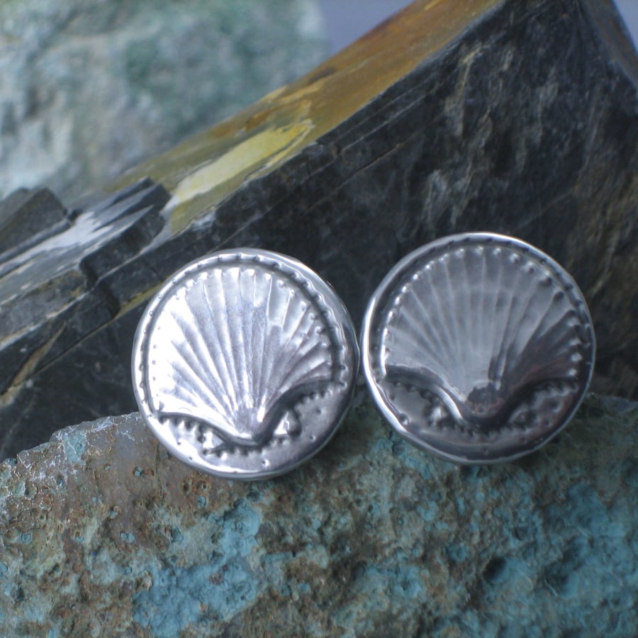 Handmade Silver Pewter Cufflinks, Scallop Shell Design
