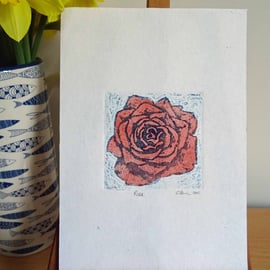 Red Rose 2 Art Original Print Collagraph Printmaking Floral