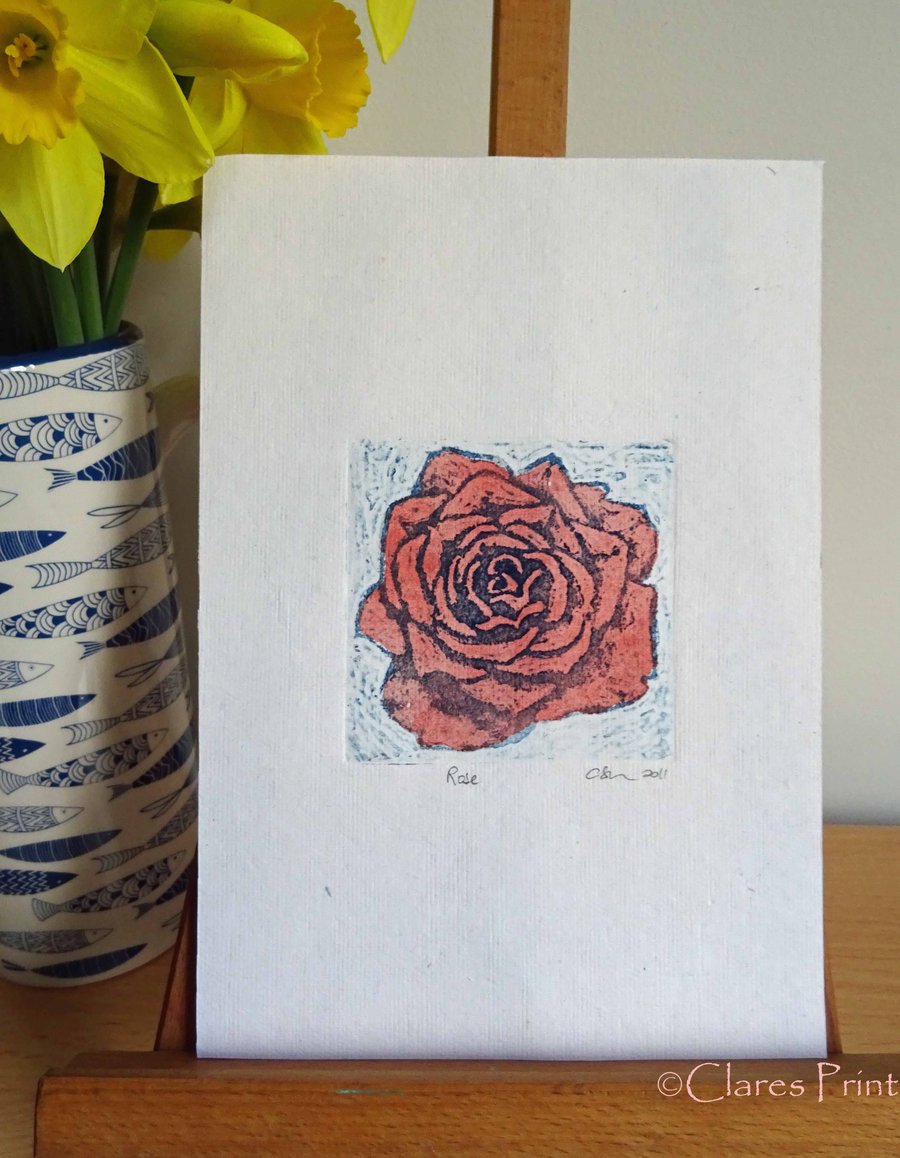 Red Rose 2 Art Original Print Collagraph Printmaking Floral