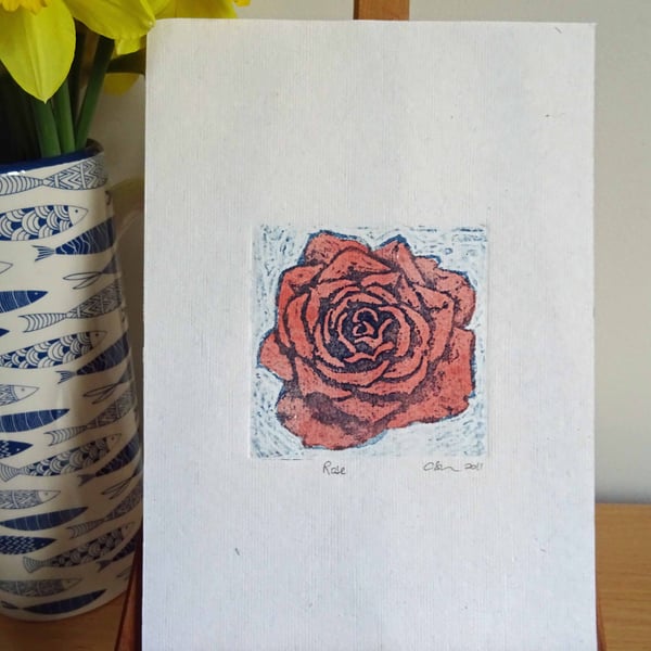 Red Rose 2 Art Original Print Collagraph Printmaking Floral