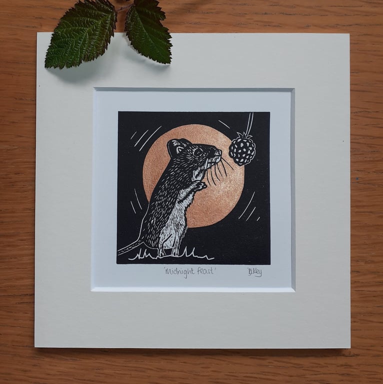 Midnight feast - original, hand painted, mounted linocut print