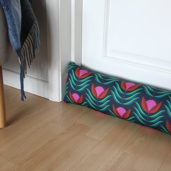Draught Excluder 70s Bloom Fabric  - Navy Blue