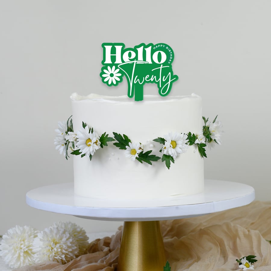 Hello Twenty - Birthday Cake Topper: Age Cake Decoration For 20s, Girly Acrylic 