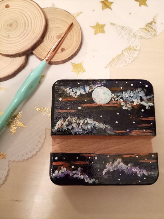 Hand painted night sky Wooden phone stand 