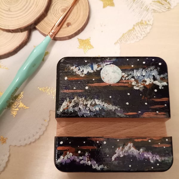 Hand painted night sky Wooden phone stand 