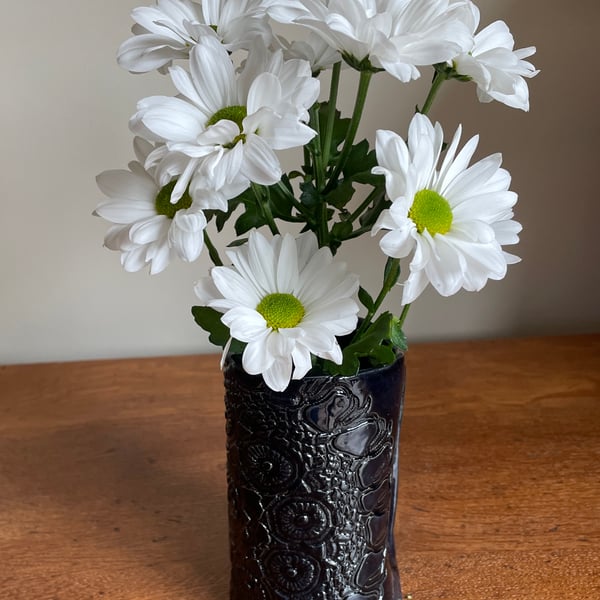 NEW!  Midnight-Blue lace embossed ceramic vase