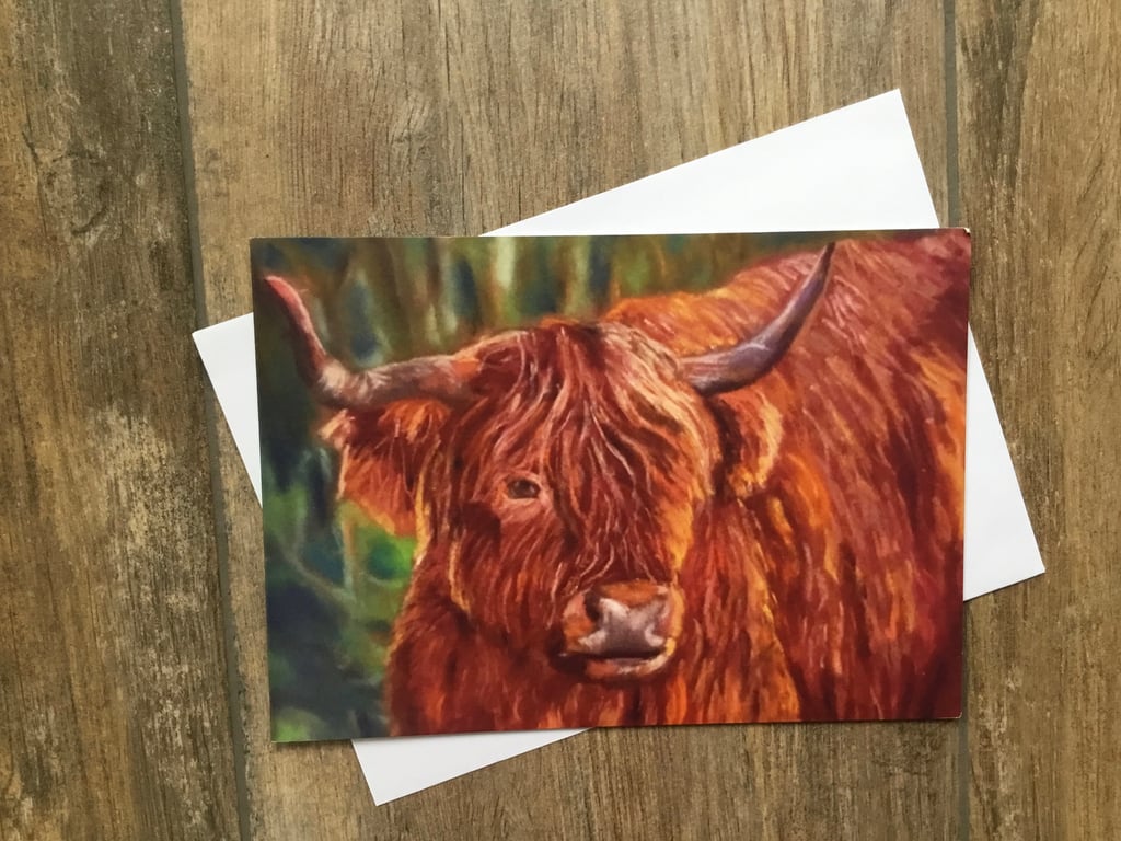 Shaggy Highland cow large greeting card by UK artist Janet Bird