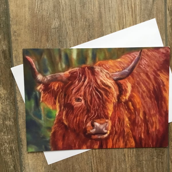 Shaggy Highland cow large greeting card by UK artist Janet Bird