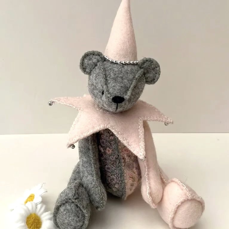 Jester teddy bear, one of a kind adult collectable hand embroidered artist bear