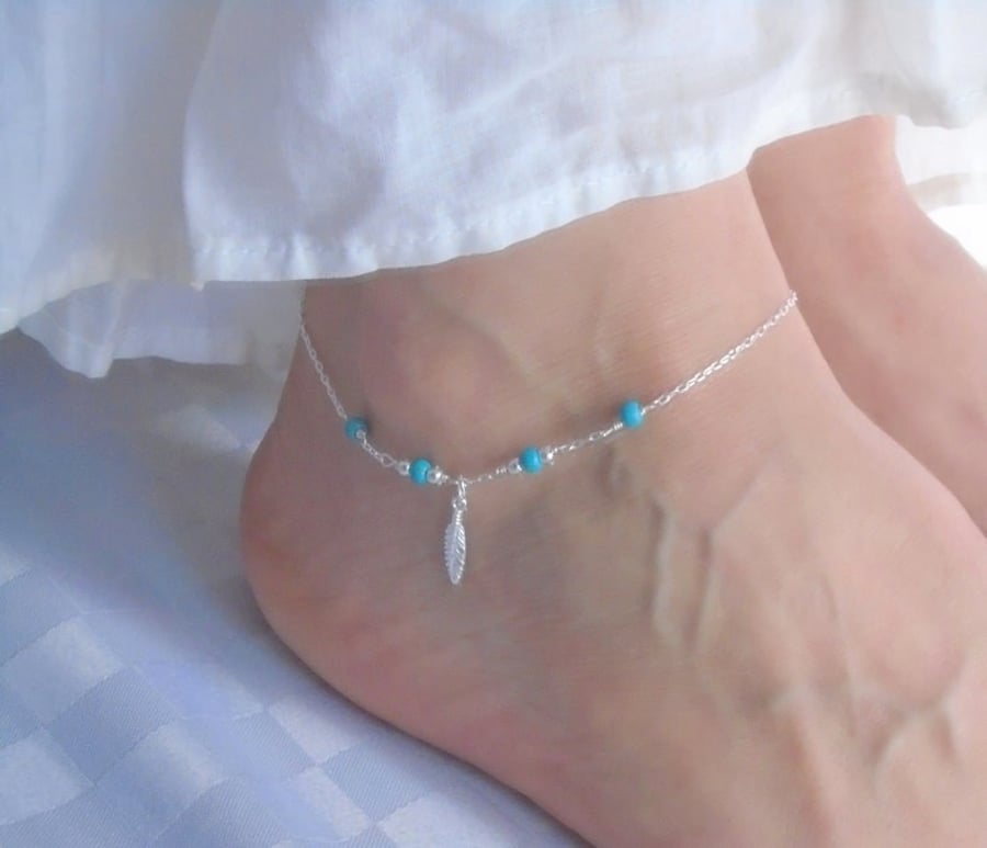 Sterling silver feather turquoise ankle bracelet