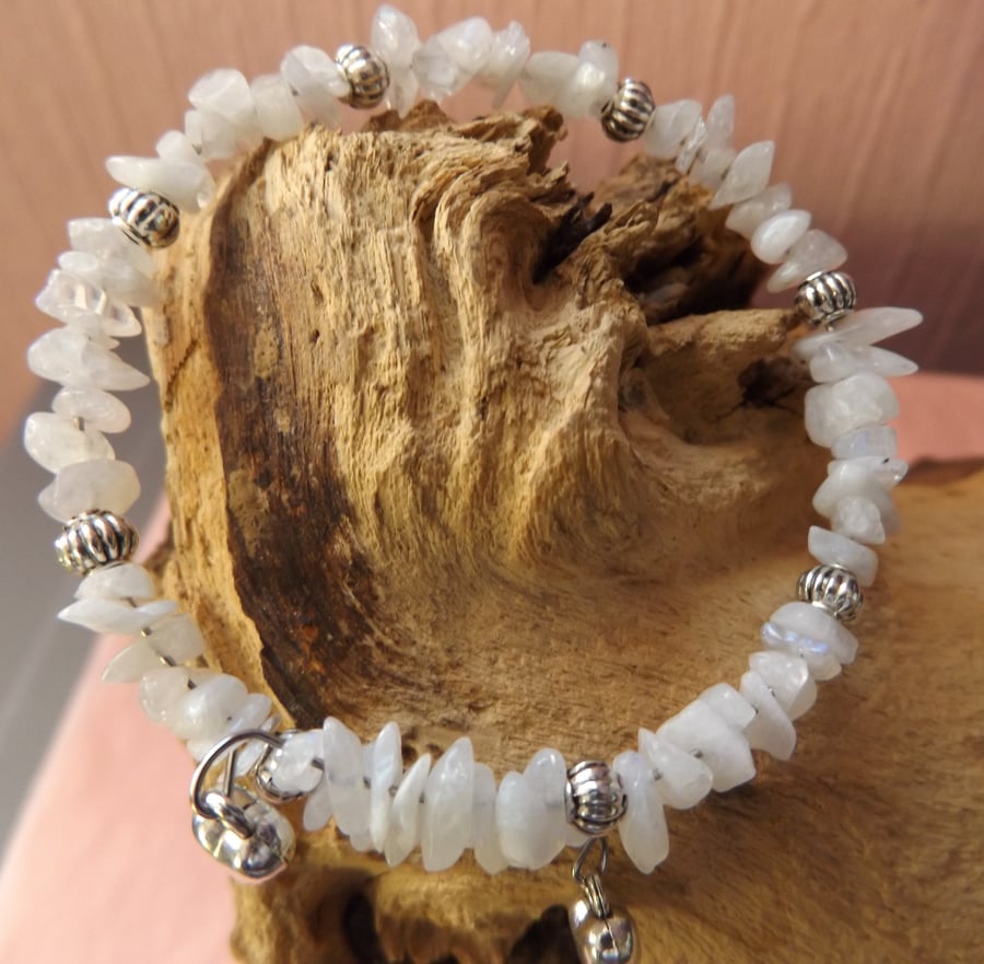 Moonstone memory wire bracelet with silver heart charms