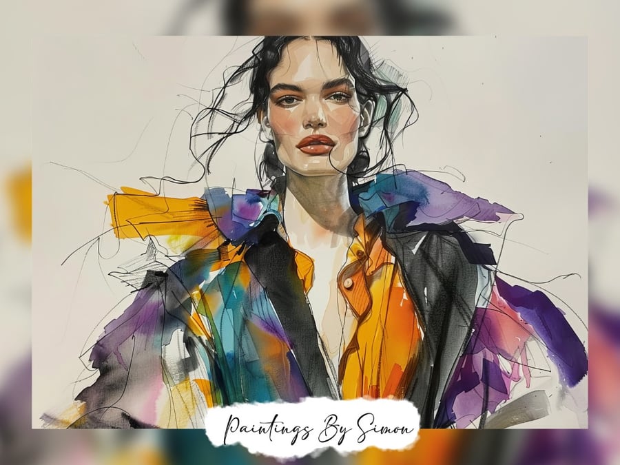 Stylish Fashionable Woman, Watercolor Painting Print 5"x7" on Matte Paper